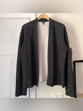 Eileen Fisher black silk organic cotton chunky knit long sleeve cardigan sweater